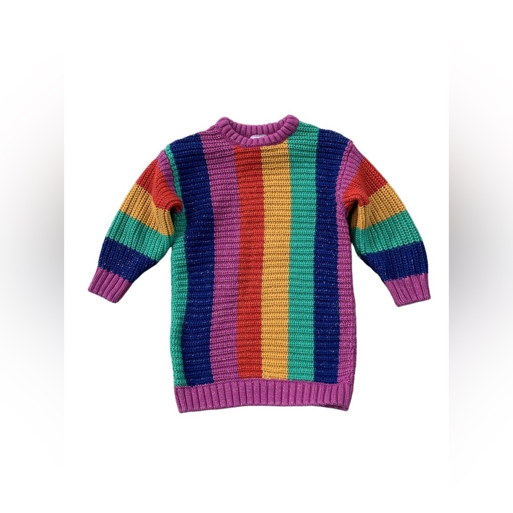 Hanna Andersson Size 100, 4, Rainbow Striped Ribbed Knit Metallic Sweater Dress